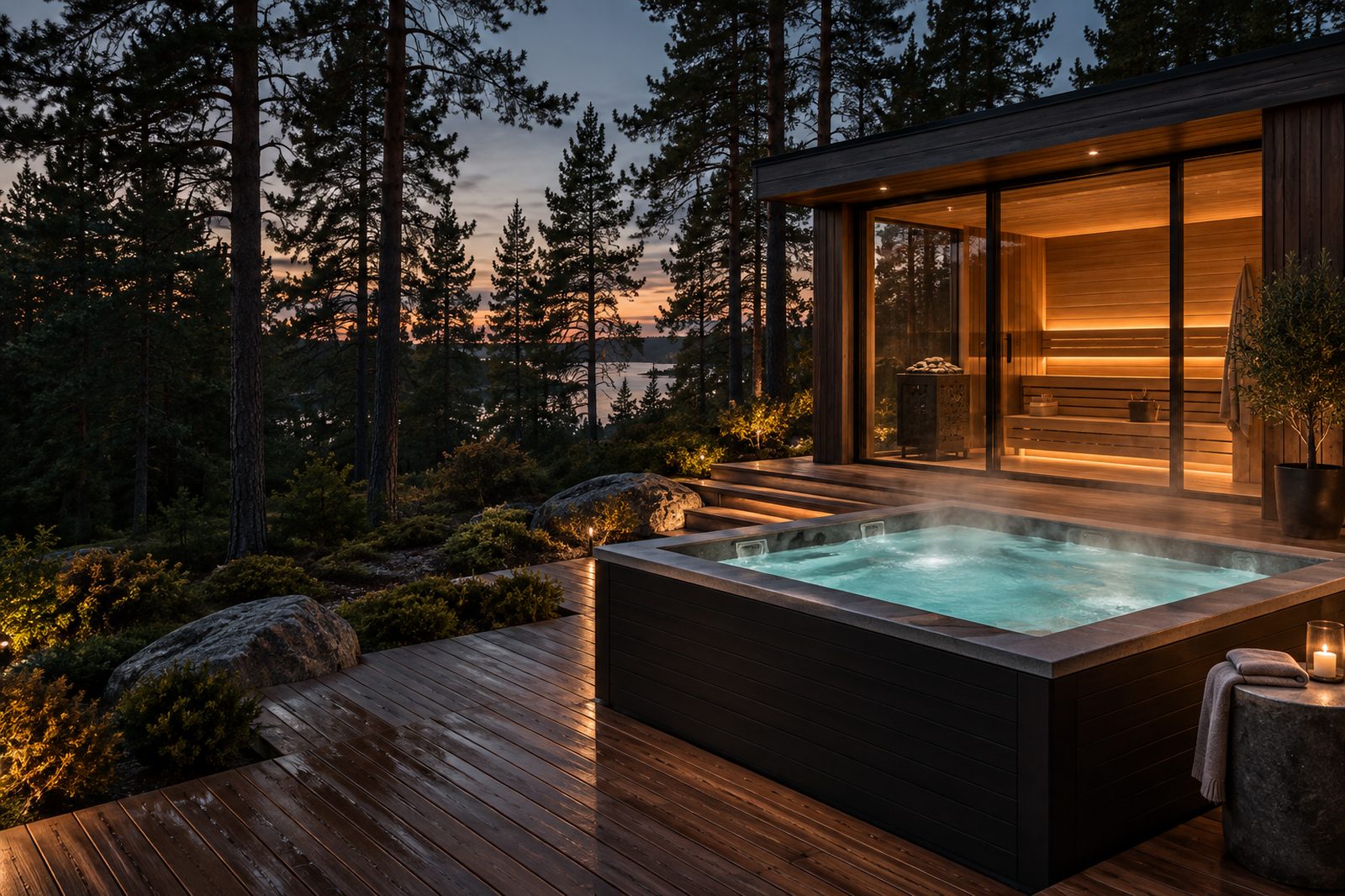 Cederhouten buitensauna naast een vierkante elektrische hottub in een rustige bostuin bij valavond